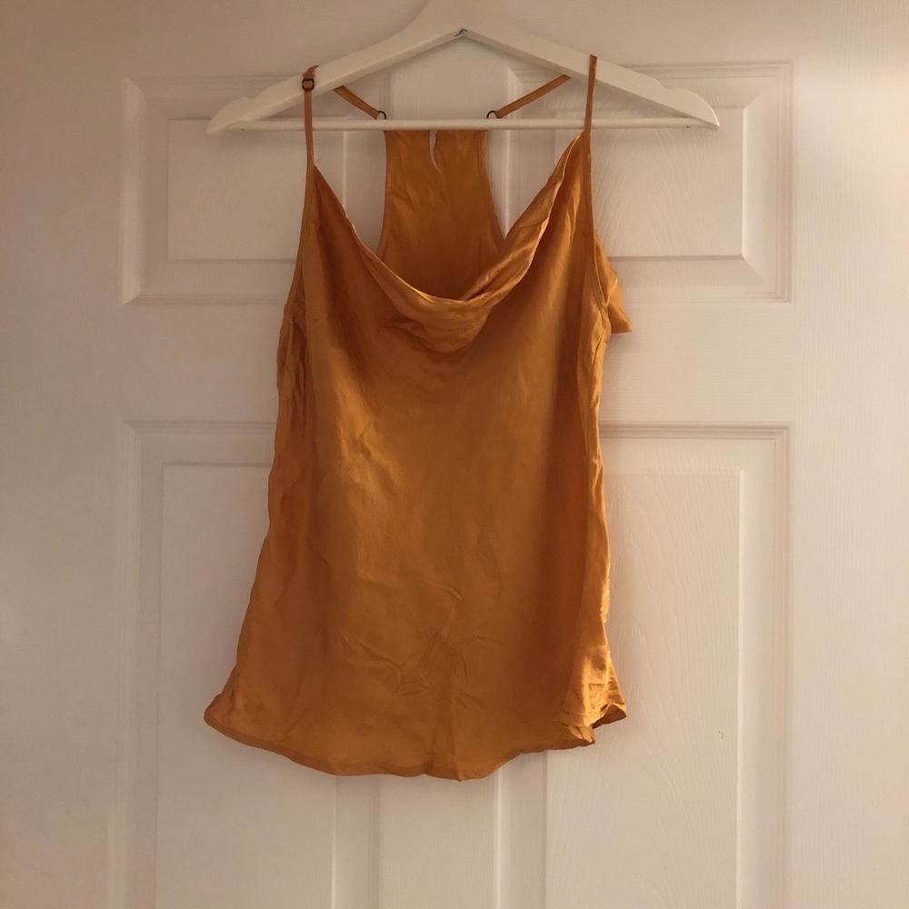 NWOT Young Fabulous and Broke golden yellow racer back, cowl neck satin tank top